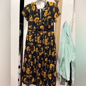 J.Crew Factory Sunflower Fall Pleated Midi Dress Navy Gold 8